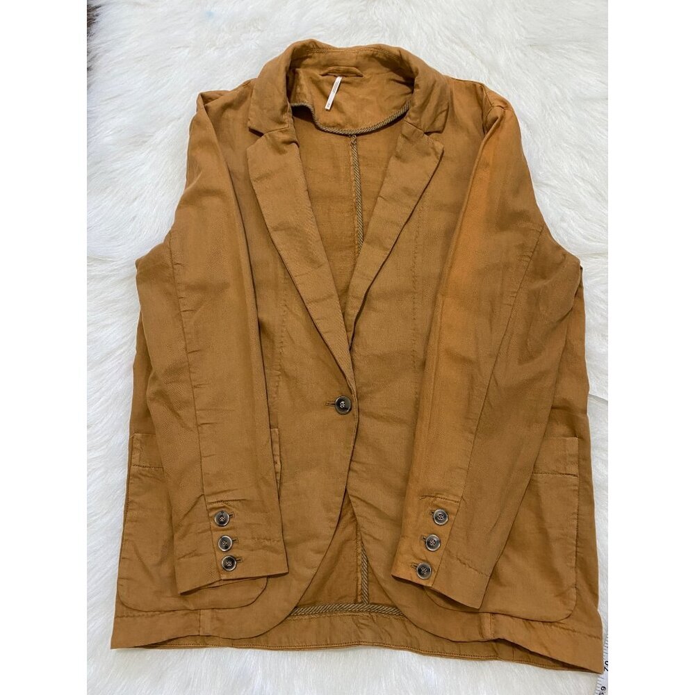 Free People Tan Brown Linen Cotton Oversized Blazer Jacket X-Small Preppy - Picture 8 of 15